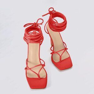 NWOT PIEPIEBUY Red Vegan Leather Strappy Heels with Slim Design Size 5.5